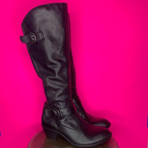Born Kylli Black Leather Double Buckle Heeled Riding Boot Sz 7.5 - Picture 1 of 7